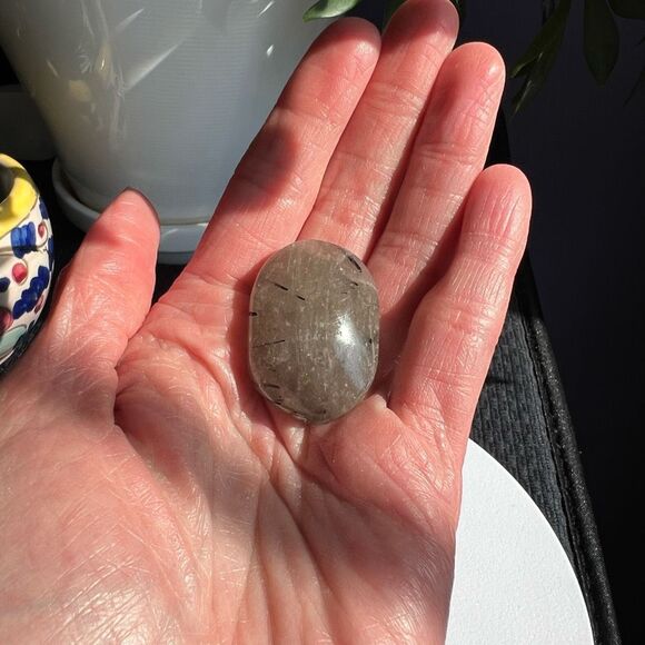 Black Rutilated Quartz Crystal Palmstone (#4) - Picture 2 of 12